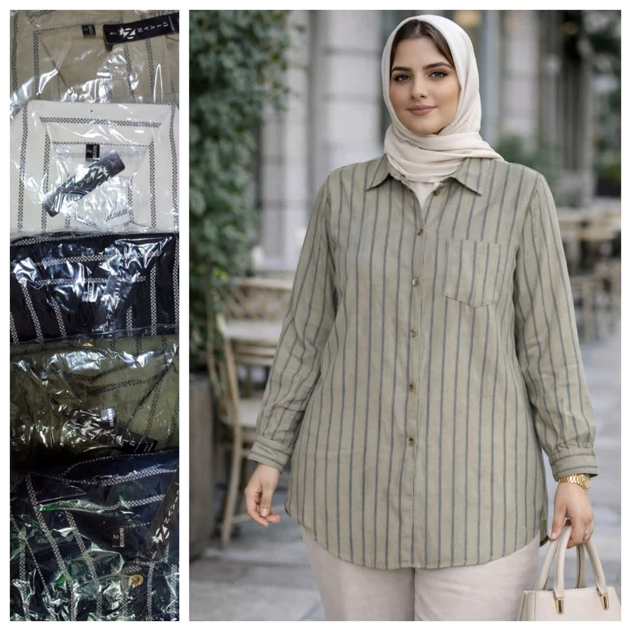 مانتو زنانه جیب دار راه راه کنفی 3و4 عمده 4 تایی