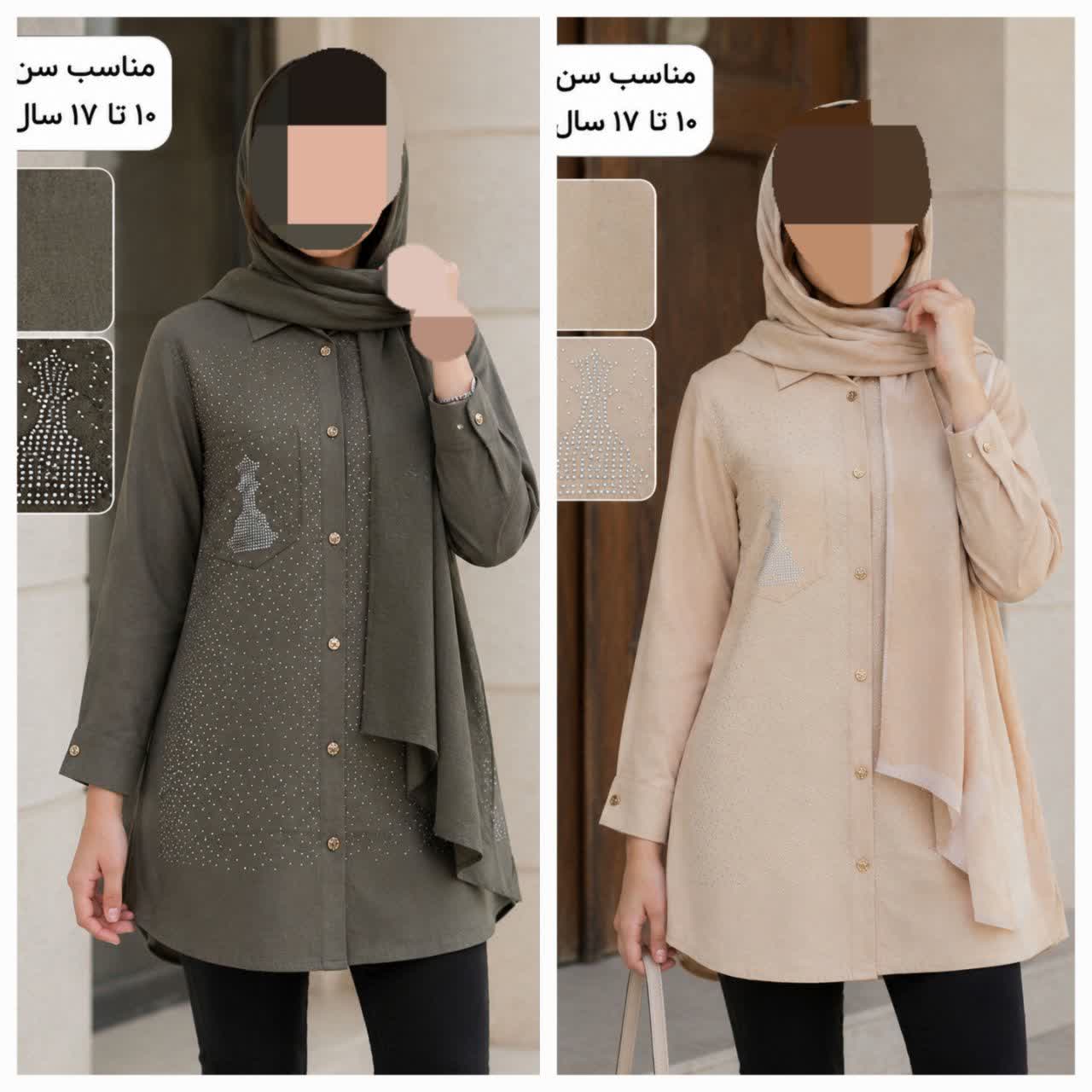 تونیک دخترانه جیب دار کتان  تمام نگینی عمده 3 تایی